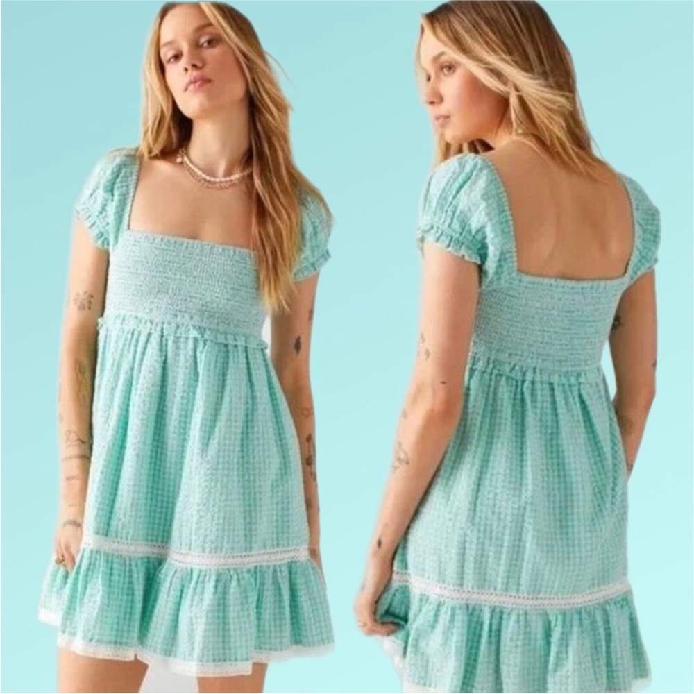 Urban Outfitters Women’s Marseille Gingham Green White Smocked Ruffle Mini Dress